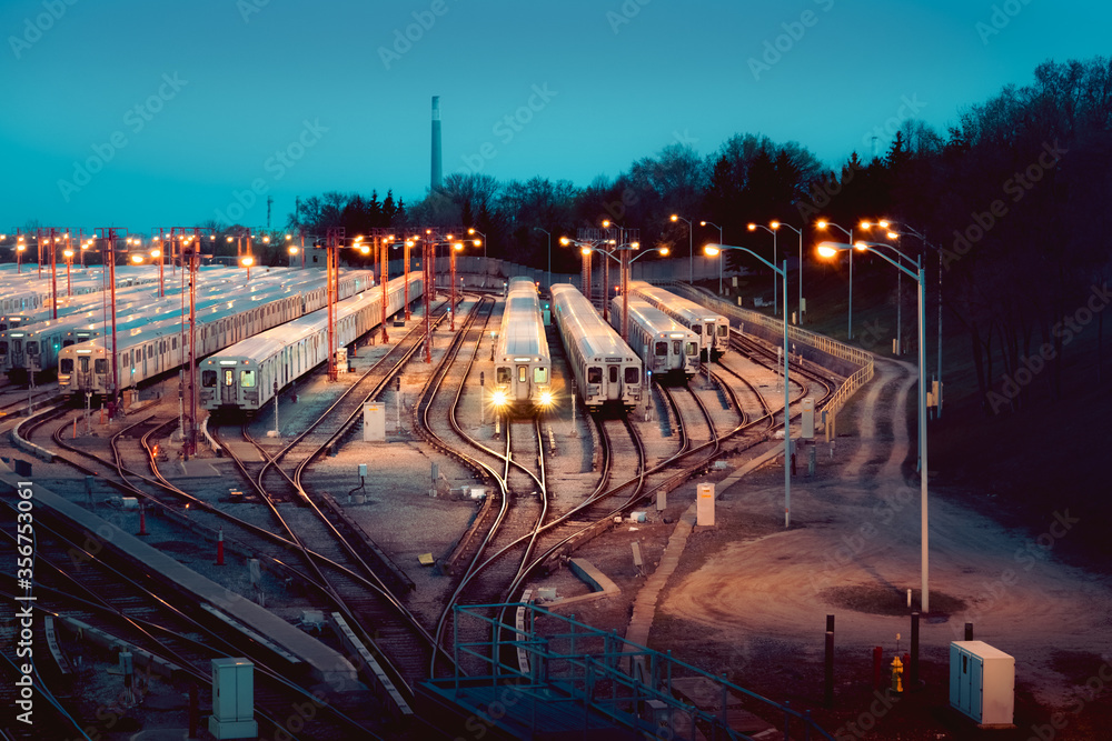 A subway yard with parked subway trains