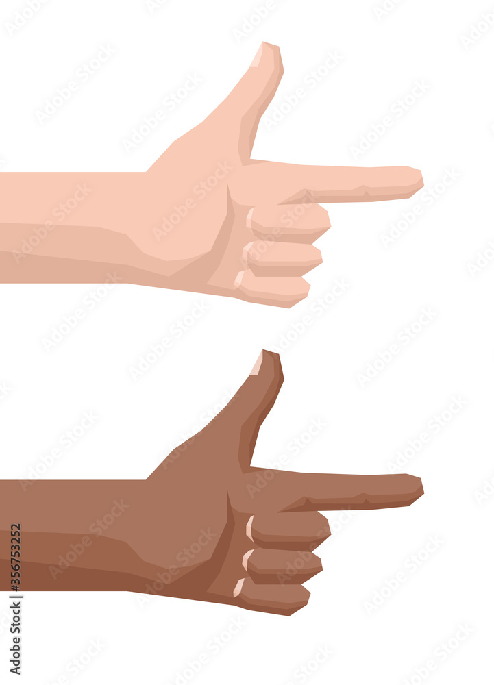 Hand points forward in low poly style - vector element on two variations - white and black skin Hand points forward in low poly style - vector element on two variations - white and black skin