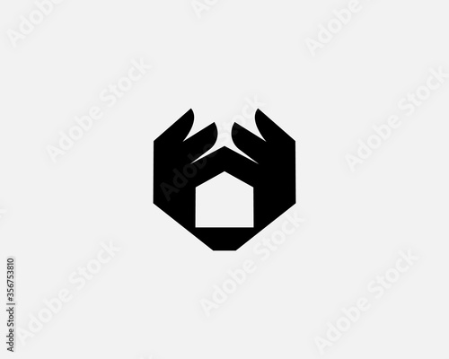Abstract house hands logo design template. Premium real estate sign. Universal protection care home realty business vector logotype icon.