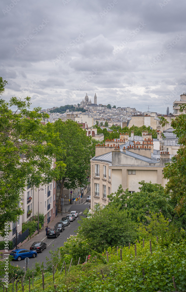 Paris, France - 06 07 2020: View of the Montmartre district from the Bergeyre hill