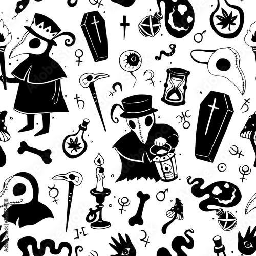 Vector black and white graphic cartoon pattern with plague doctors isolated on the white background. Seamless pattern can be used for wallpaper, pattern fills, web page background, texture