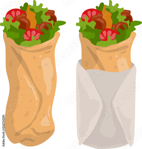 Cartoon tasty shawarma burrito or kebab with chicken, vegetables, meat and sauce. Arabic, eastern and mexican fast food. isolated on white background. Vector icon set.