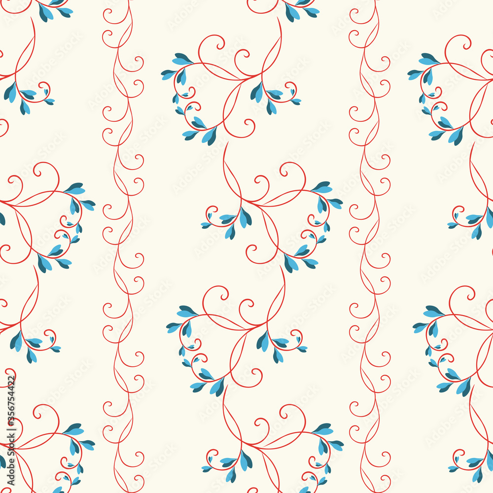 Elegant vector floral seamless pattern. Simple ornament with small leaves, curved branches, curly twigs. Abstract vintage background. Red, blue, white color. Liberty style millefleurs. Repeat design