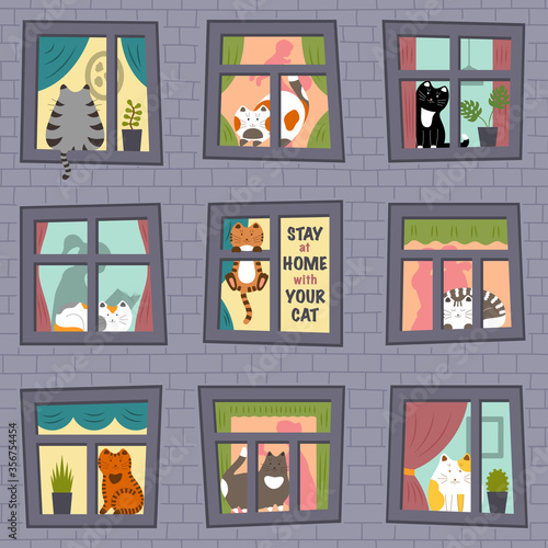 Fototapeta Naklejka Na Ścianę i Meble -  Stay at home with your cat. Seamless pattern. Vector illustration.