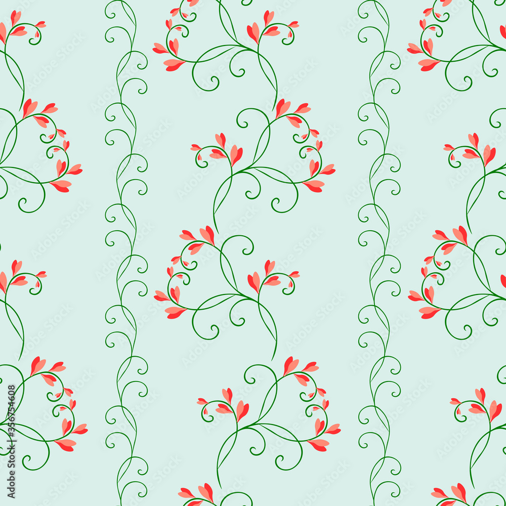 Elegant vector floral seamless pattern. Simple ornament with small leaves, curved branches, curly twigs. Abstract vintage background. Red, coral, mint, green color. Liberty style millefleurs design