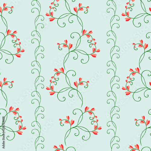 Elegant vector floral seamless pattern. Simple ornament with small leaves, curved branches, curly twigs. Abstract vintage background. Red, coral, mint, green color. Liberty style millefleurs design