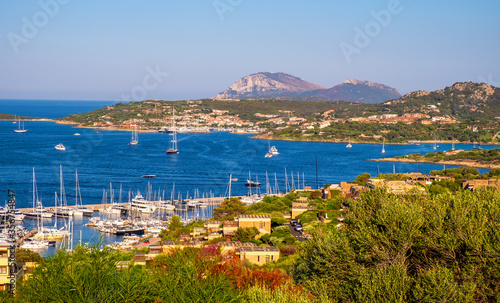 Portisco, Sardinia, Italy - Panoramic view of yacht marina and port of Portisco resort town - Marina di Portisco - at Costa Smeralda Emerald Cost of Tyrrhenian Sea