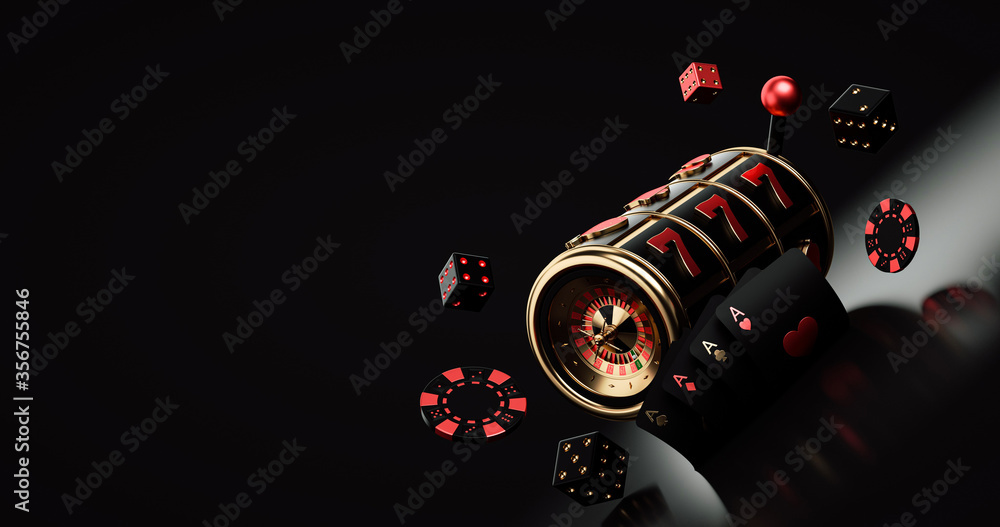 Black Red And Golden Slot Machine With Roulette Wheel Inside, Chips, Dices  And Playing Cards, Isolated On The Black Background. Casino Modern Concept  With Empty Space - 3D Illustration ilustración de Stock