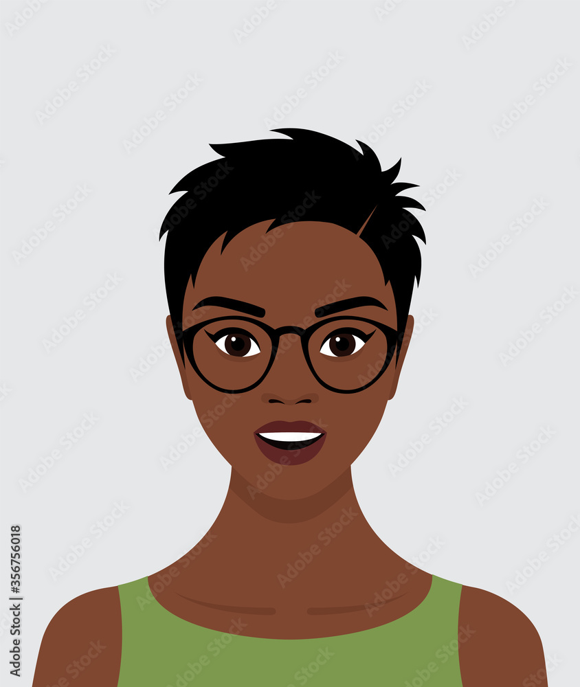 Portrait Of A Young Black African Girl With Short Black Hair Glasses 