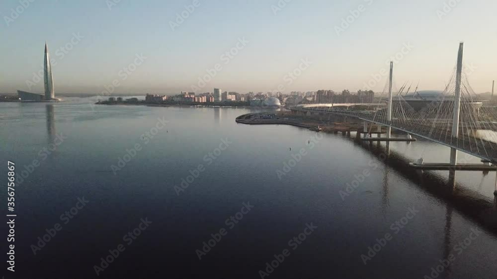 4K aerial early morning sunrise drone video of beautiful Gulf of Finland bay view of ZSD highway cable-stayed bridges in Saint-Petersburg, Russia's northern capital 4K aerial early morning sunrise drone video of beautiful Gulf of Finland bay view of ZSD highway cable-stayed bridges in Saint-Petersburg, Russia's northern capital