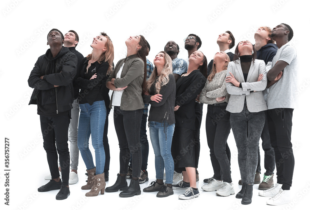 young people look up on a white background