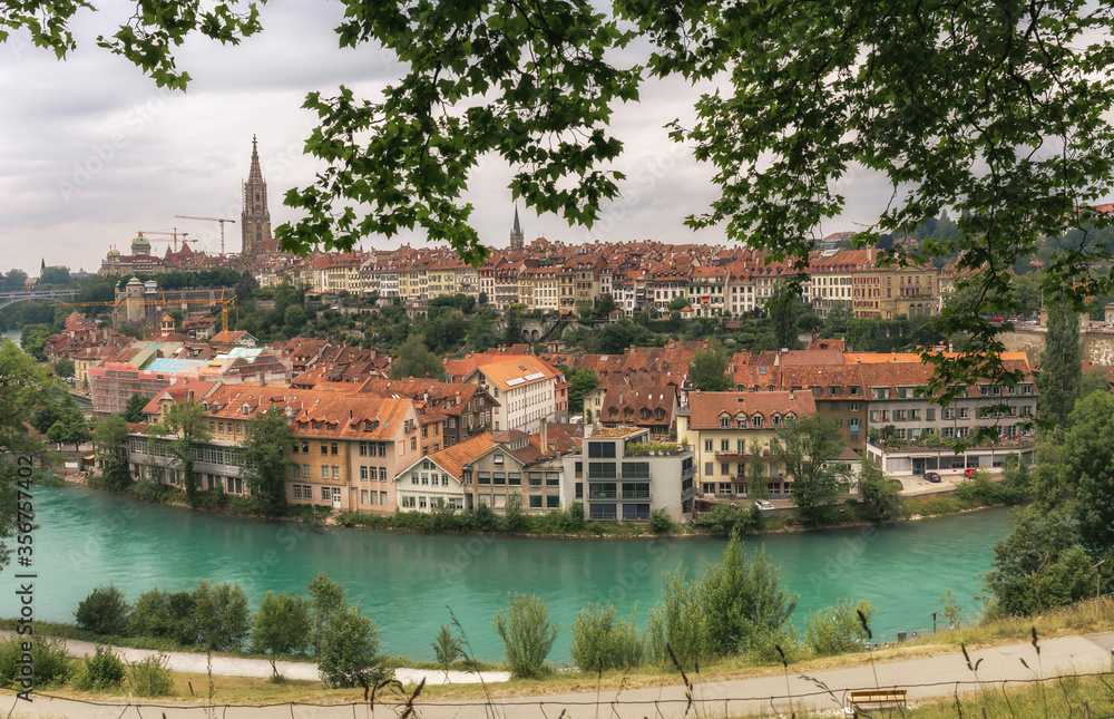 View from above on the historic architecture of Bern and the river Aare - Switzerland