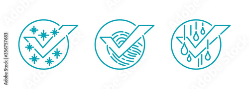 Glass cleaning agent icons pictograms set - dust, fingerprints and water drios removal function - emblems for household chemicals products packaging