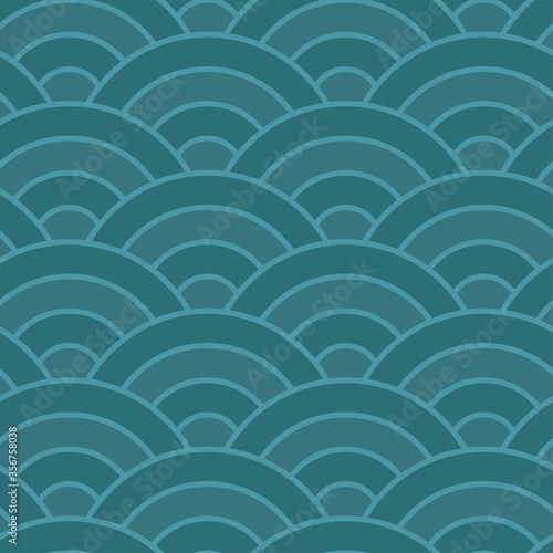 Seamless japanese wave pattern. Repeating ocean water curve chinese texture. Blue line art vector illustration. Vintage geometric shape background. Retro sea ornament