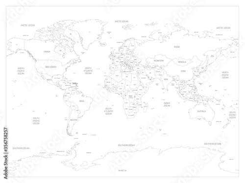 Map of World. Detailed thin black outline political map with country  sea and ocean names. Vector map