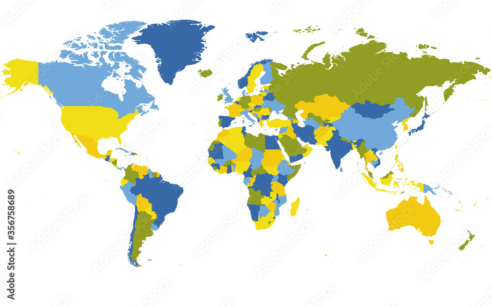 Fototapeta Mapa świata. Szczegółowa mapa polityczna świata z etykietami nazw krajów, oceanów i mórz. Mapa wektorowa schematu 5 kolorów na białym tle