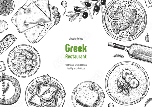 Greek cuisine top view frame. A set of greek dishes with tzatziki, pastitsio, avgolemono soup, koulouri. Food menu design template. Vintage hand drawn sketch vector illustration. Engraved image