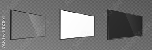 Wall mount TV screen panel mockup set with transparent, white and black glass.