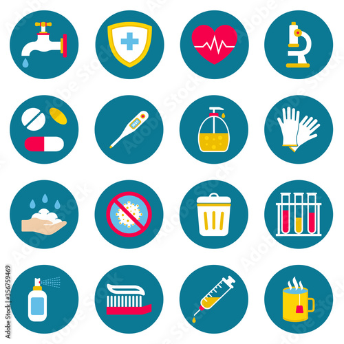Health and Sanitation Icon Set, Cleanness, Infections Prevention. Vector illustration.