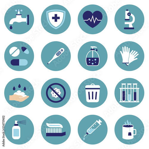 Health and Sanitation Icon Set, Cleanness, Infections Prevention. Vector illustration.
