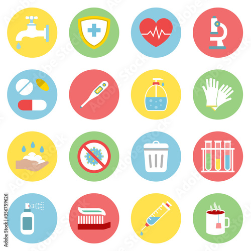 Health and Sanitation Icon Set, Cleanness, Infections Prevention. Vector illustration.