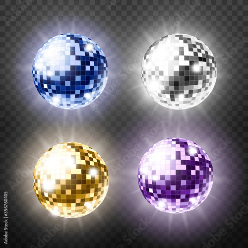 Set of mirror disco balls, realistic realistic vector illustration isolated.