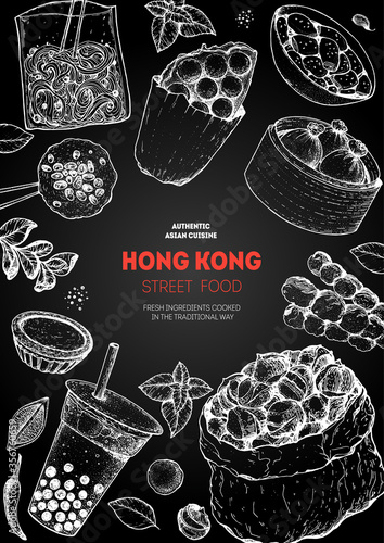 Hong kong street food frame. Chinese food menu design template. Vintage hand drawn sketch, vector illustration. Engraved style illustration. Asian street food sketch.