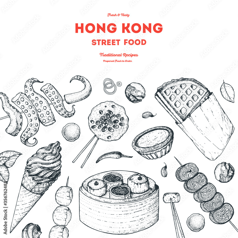 Hong kong street food . Chinese food menu design template. Vintage hand drawn sketch, vector illustration. Engraved style illustration. Asian street food sketch.