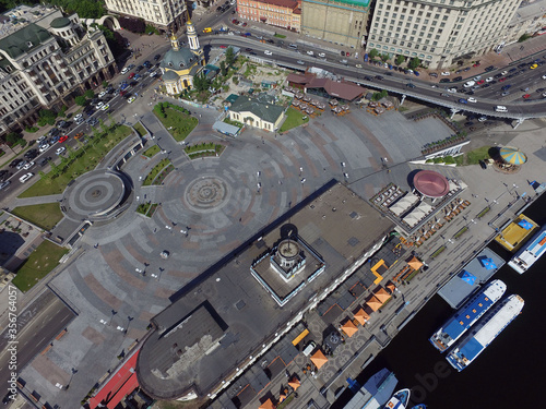 Embankment and river-boats early morning at spring. Downtown (drone image). Kiev,Ukraine