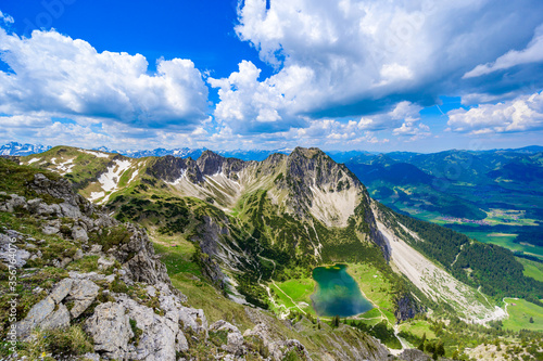 Beautiful landscape scenery of the Gaisalpsee and Rubihorn Mountain at Oberstdorf, View from Entschenkopf, Allgau Alps, Bavaria, Germany photo