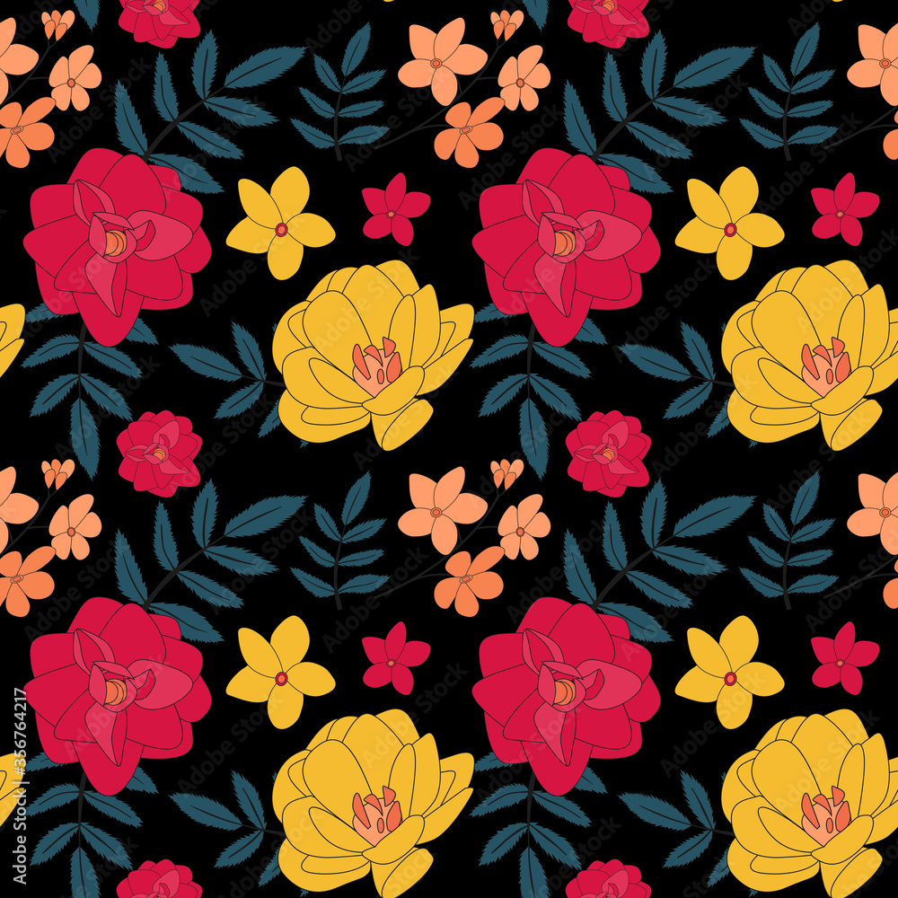 Hand drawn flower seamless pattern background. Vector Illustration