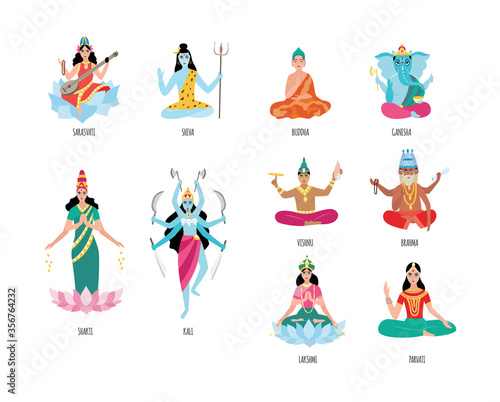 Set of Indian goddess cartoon characters, flat vector illustration isolated.