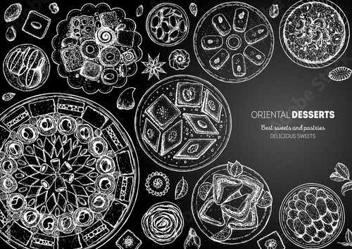Oriental sweets vector illustration. Middle eastern food, hand drawn sketch. Linear graphic. Food menu background. Engraved style design template.