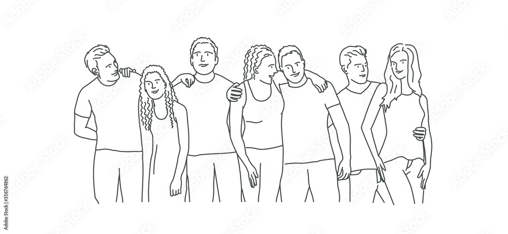 Plakat Friends are standing and embracing. Line drawing vector illustration.
