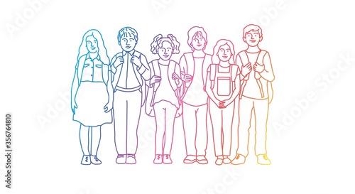 Group of school children. Rainbow colors in linear vector illustration.