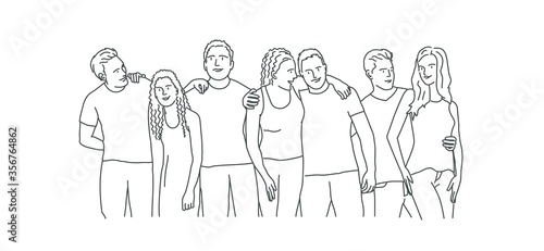 Friends are standing and embracing. Line drawing vector illustration.