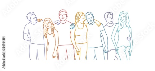 Friends are standing and embracing. Rainbow colors in linear vector illustration.