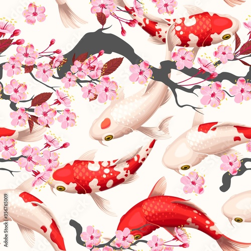 Seamless vector pattern with koi fish and sakura