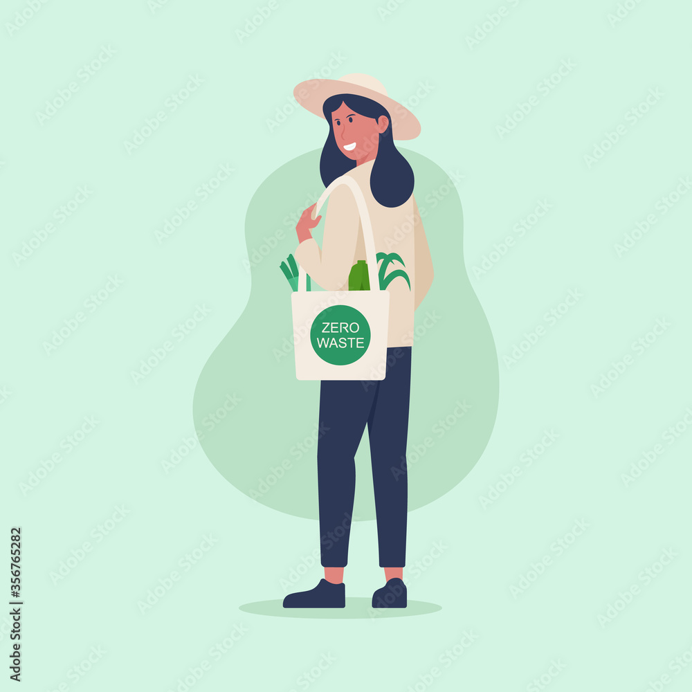 Zero waste concept, young female millennial character carrying groceries in a reusable eco friendly shopper bag, vector illustration Zero waste concept, young female millennial character carrying groceries in a reusable eco friendly shopper bag, vector illustration