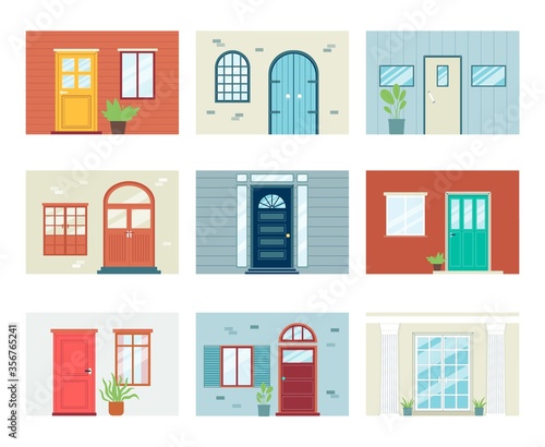 Building entrance set with doors and windows, flat vector illustration isolated.