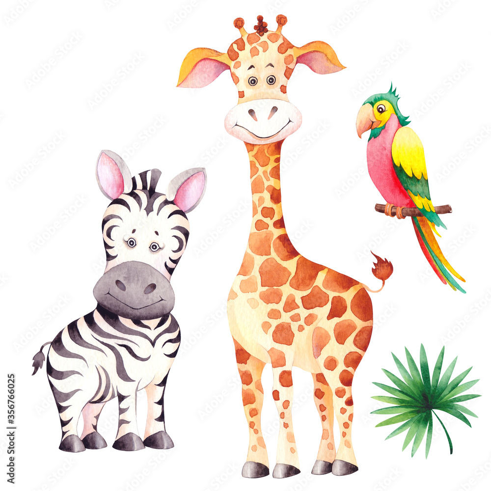Naklejka premium Little giraffe, zebra and parrot. Cartoon african animal characters.