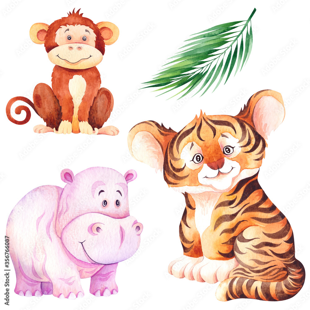 Obraz premium Little tiger, hippo and monkey cubs. Tropical cartoon animals.