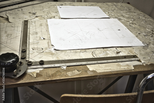 Obraz na plátně drawing table with blueprints, architect table, vintage, sketches close up