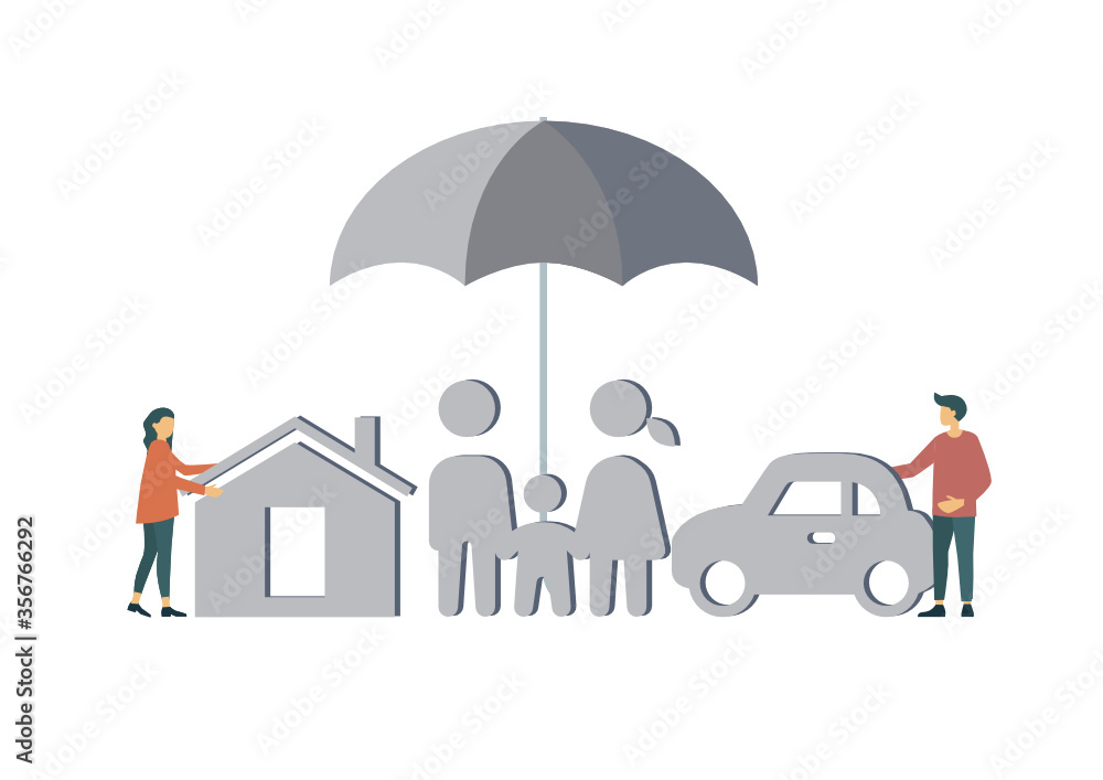 Insurance policy services conceptual design. man and woman holding a paper home, car, family. Vector Illustrations.