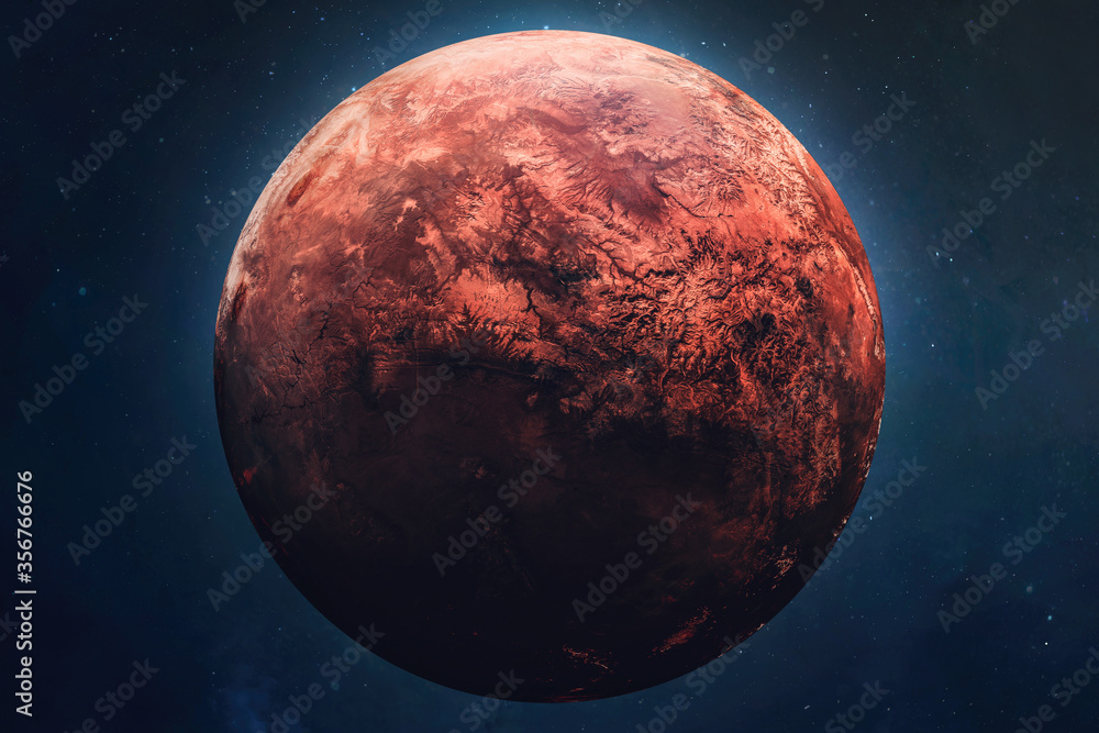 Red planet Mars in outer space. Terraforming of planet. Part of solar system. Elements of this image furnished by NASA. - obrazy, fototapety, plakaty 