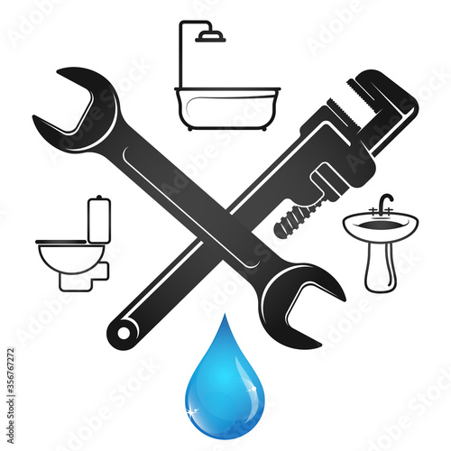 Wrench and blue drop of water plumbing repair symbol