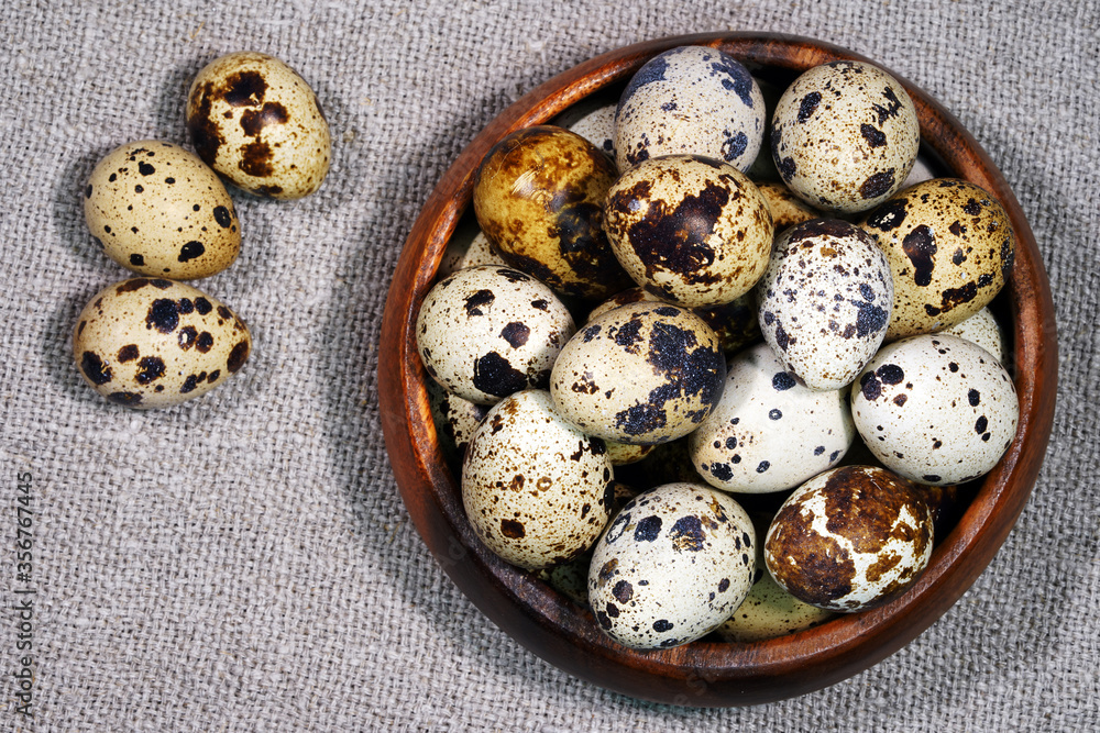 Quail eggs in a round wooden bowl on canvas, close-up, macro. Eggshell stains. Spotted pattern on the eggs. Dietary healthy foods. Egg. Quail eggs in a round wooden bowl on canvas, close-up, macro. Eggshell stains. Spotted pattern on the eggs. Dietary healthy foods. Egg.
