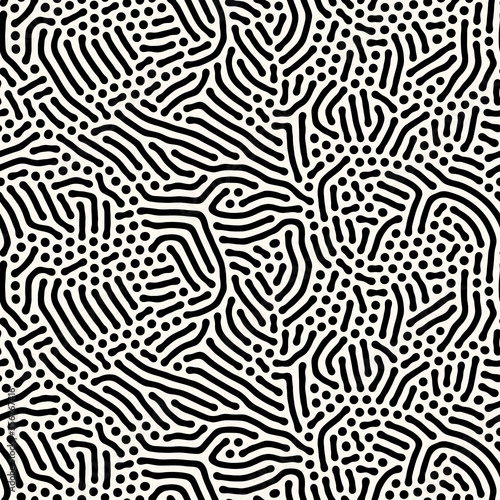 Seamless vector abstract pattern with lines and dots in monochrome. Background of repeatable organic rounded shapes inspired by nature, natural maze texture.