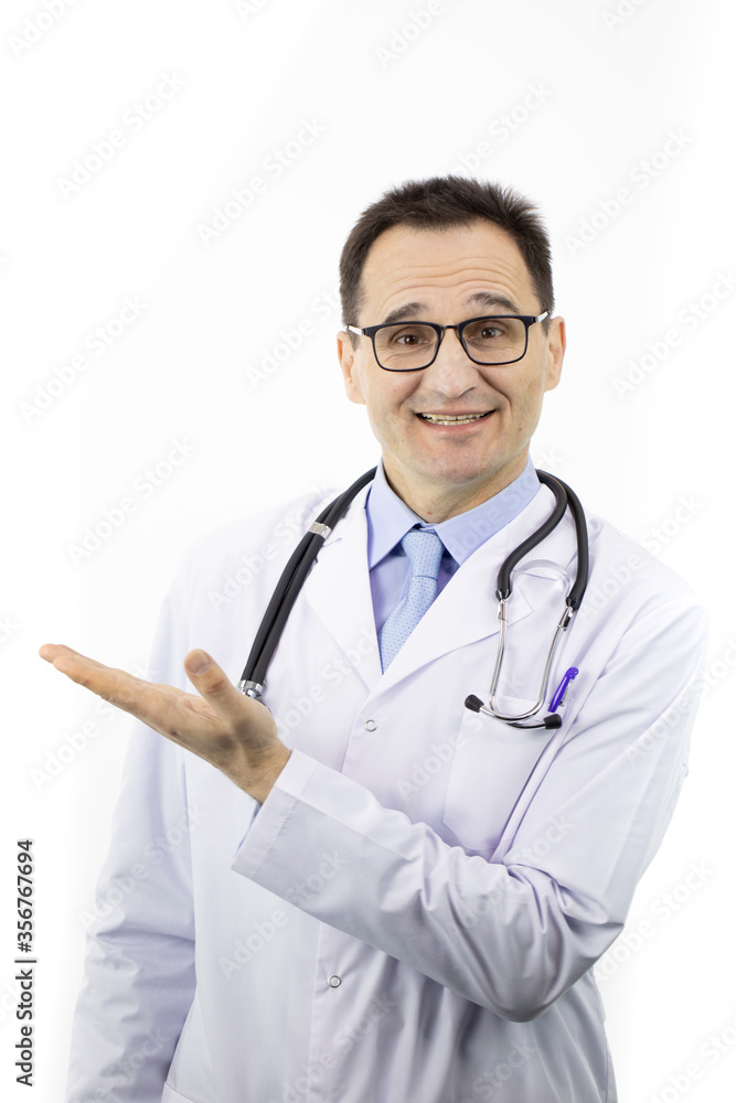 Excited handsome doctor in medical coat and stethoscope pointing at empty text space isolated on white background. Health, healthcare, insurance and medicine clinic ads concept Excited handsome doctor in medical coat and stethoscope pointing at empty text space isolated on white background. Health, healthcare, insurance and medicine clinic ads concept