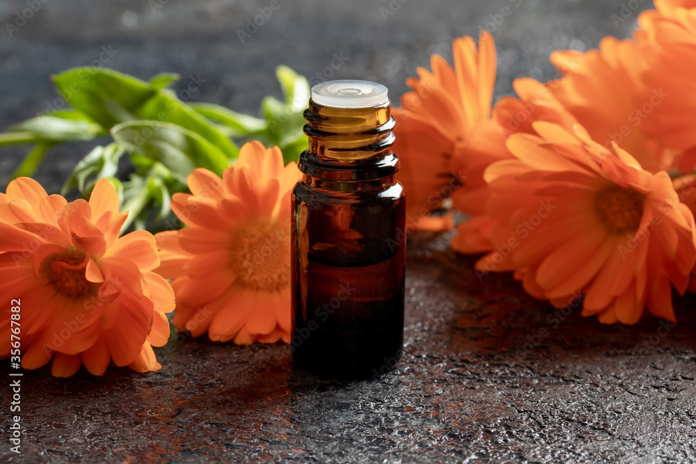 A bottle of calendula essential oil with calendula flowers A bottle of calendula essential oil with calendula flowers